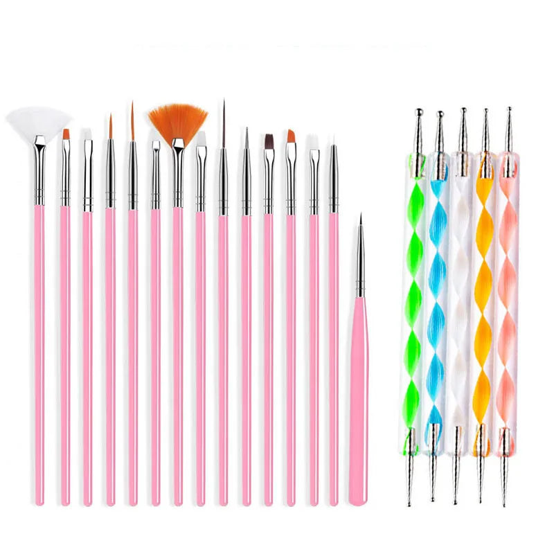 A collection of precision nail art brushes in pink and white for gel and acrylic polish.