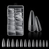 A collection of frosted French false nails in various natural finishes displayed on a black background.