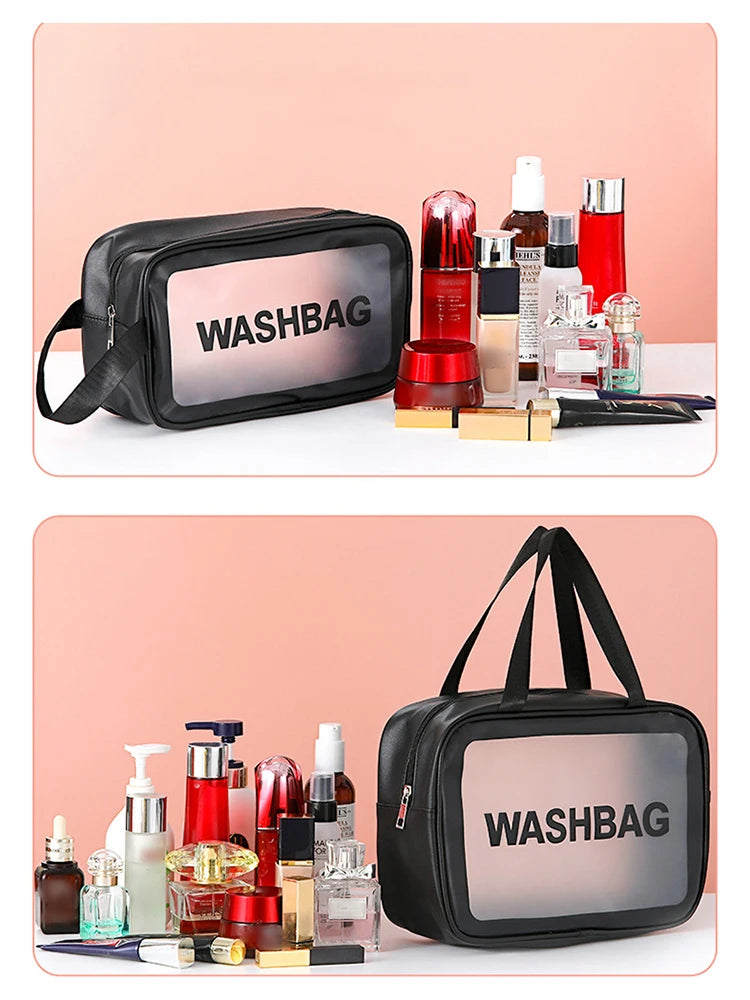 A black cosmetic storage bag labeled WASHBAG is displayed alongside various makeup and skincare products.
