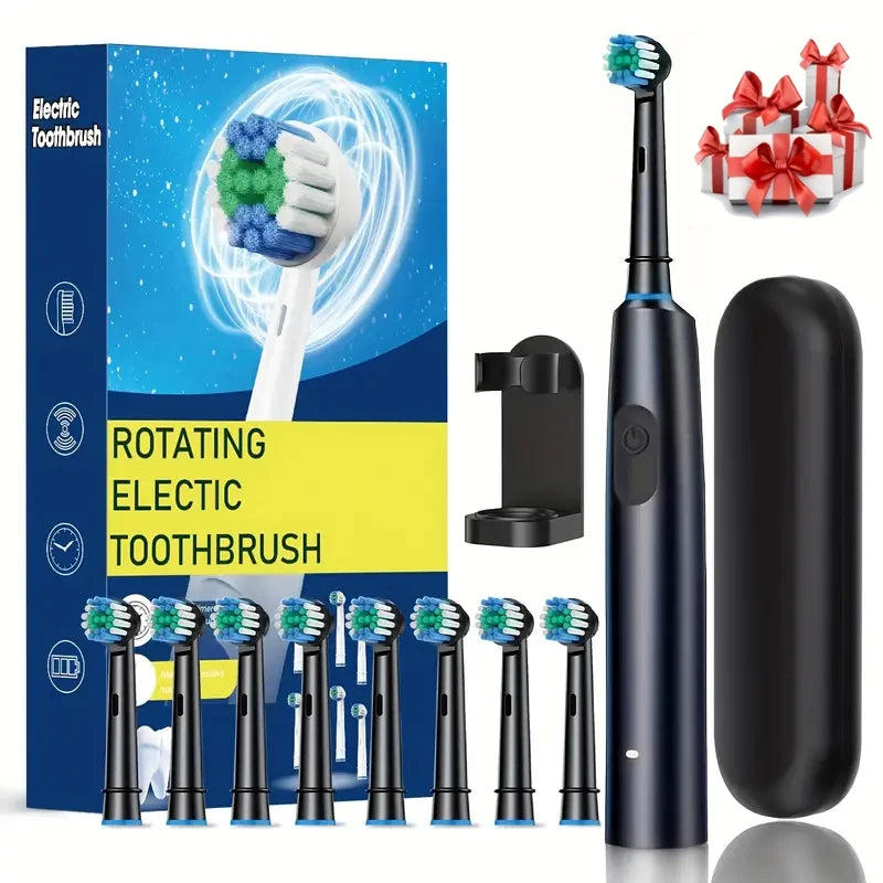 A black rotating electric toothbrush and multiple brush heads are shown next to its charging base.