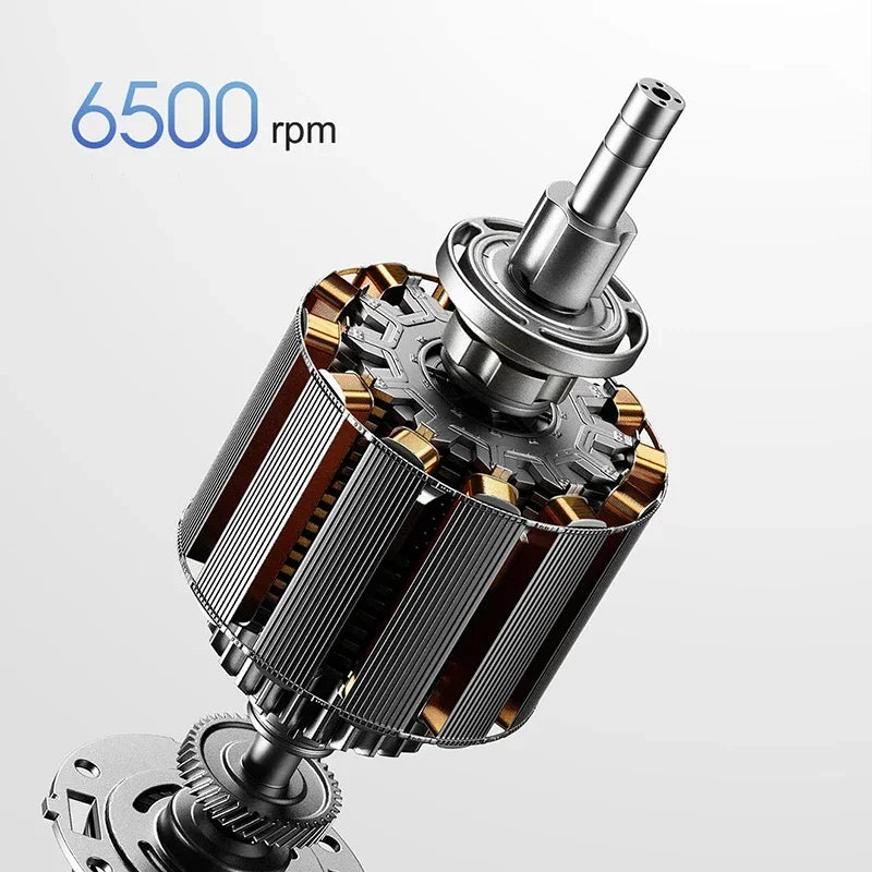 Close-up view of a silver electric hair trimmer motor with a shaft and gear mechanism.