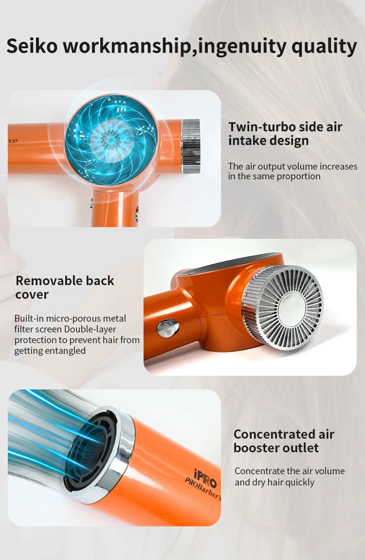 Orange professional salon hair dryer featuring twin-turbo air intake design and a removable back cover.