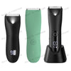 A black professional body and personal hair trimmer shown in three views: side profile, top view, and full product shot.