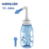 A clear plastic nasal irrigation bottle with a white and blue silicone tip and a white curved nozzle.