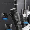 A black professional cordless hair clipper is shown with close-ups of its regulator, power switch, and hook buckle.