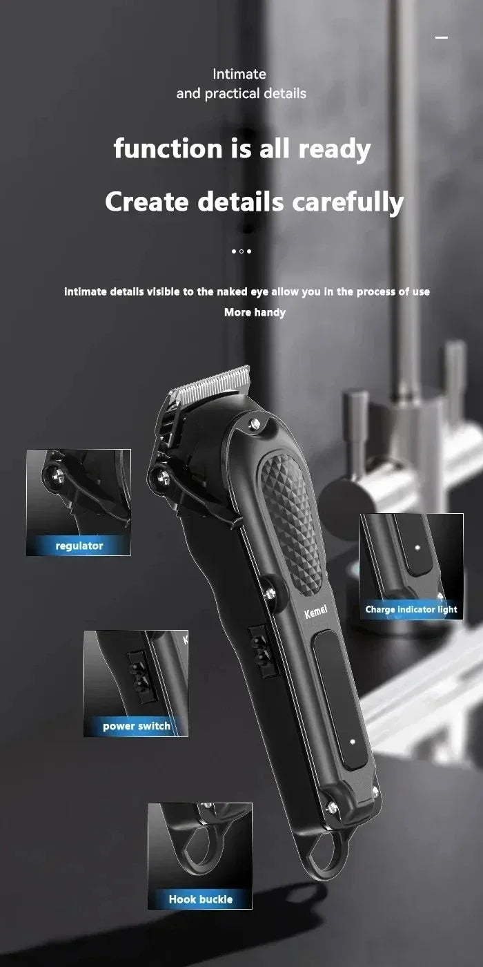 A black professional cordless hair clipper is shown with close-ups of its regulator, power switch, and hook buckle.