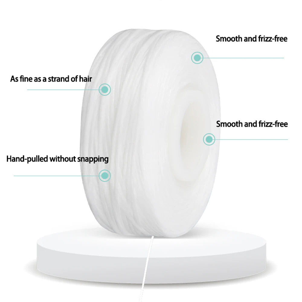 A white spool of dental floss, shown from the side, highlighting its smooth and frizz-free texture.