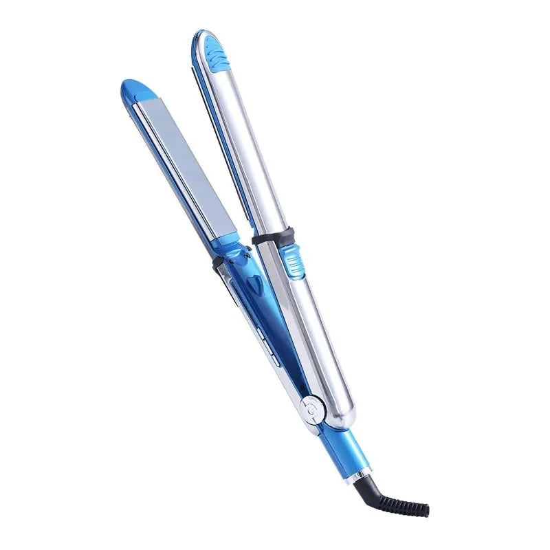 A silver and blue dual purpose hair styling iron with a black cord.