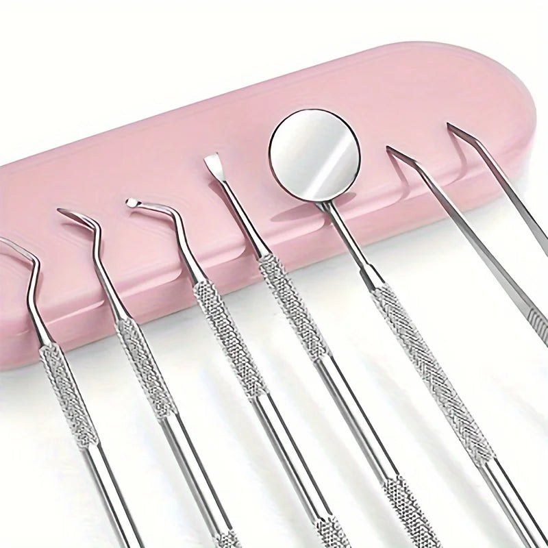A set of professional multi-tool tooth cleaning instruments with silver tips and a pink holder.