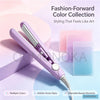 A purple ceramic hair curler and straightener is shown with various colored mats in a soft pink and blue palette.