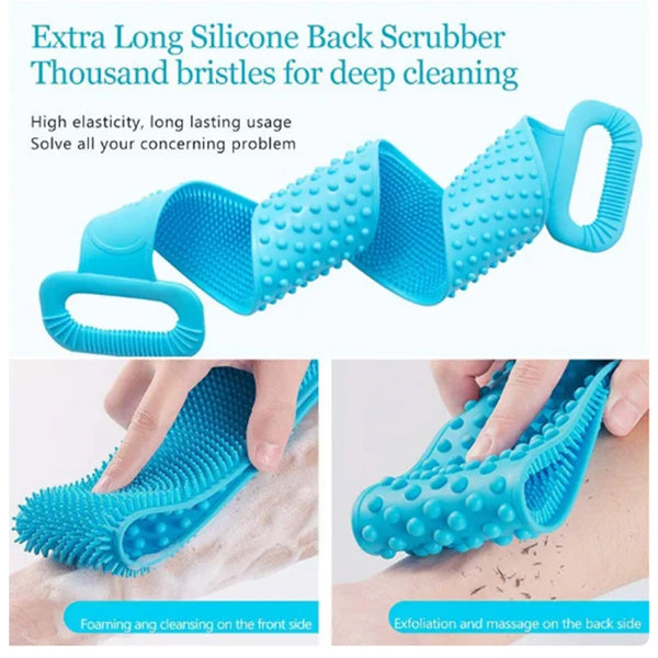 Blue silicone back scrubber with thousand bristles used for deep cleaning and exfoliation