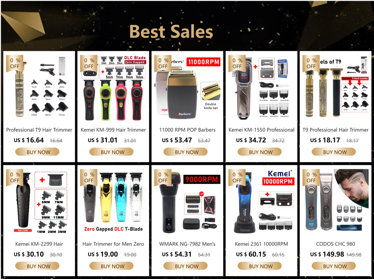 A collection of hair trimmers and clippers for sale, including Kemei and T9 models.