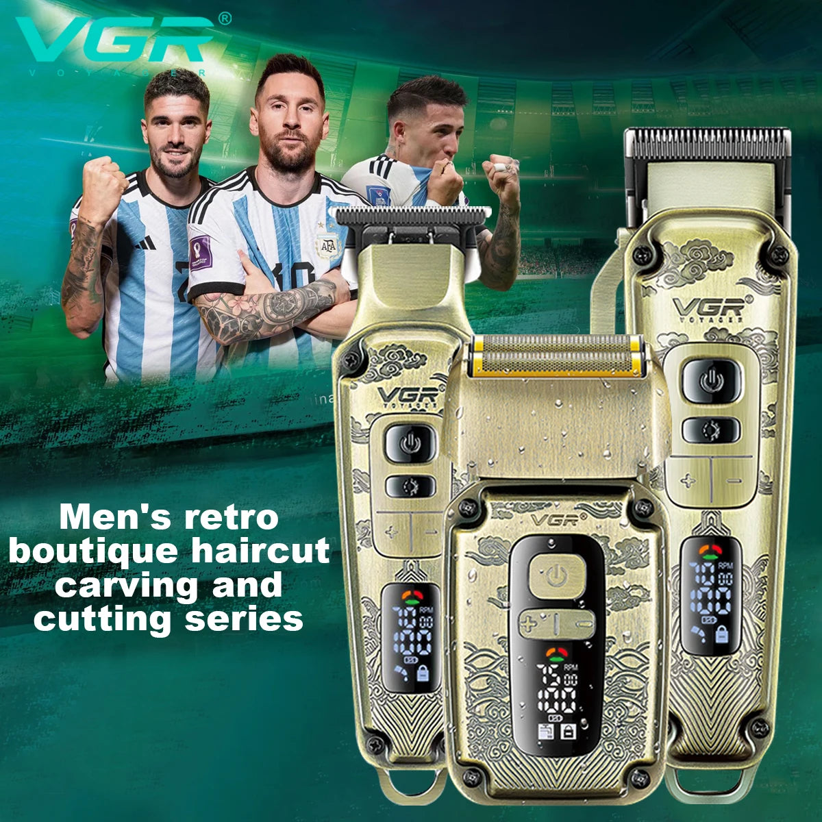 A set of men's retro boutique haircut carving and cutting series electric hair trimmers in gold finish.