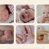 A collage showing a newborn baby's face, hands, and feet being gently trimmed with an electric nail trimmer.