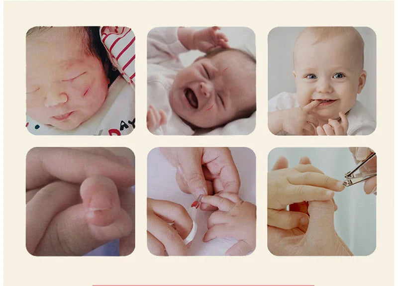 A collage showing a newborn baby's face, hands, and feet being gently trimmed with an electric nail trimmer.