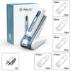 A white EMS microneedling pen device and various needle tips are shown next to its packaging.