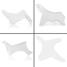 A set of clear plastic beard shaping and styling tools including various combs and guides for professional grooming.