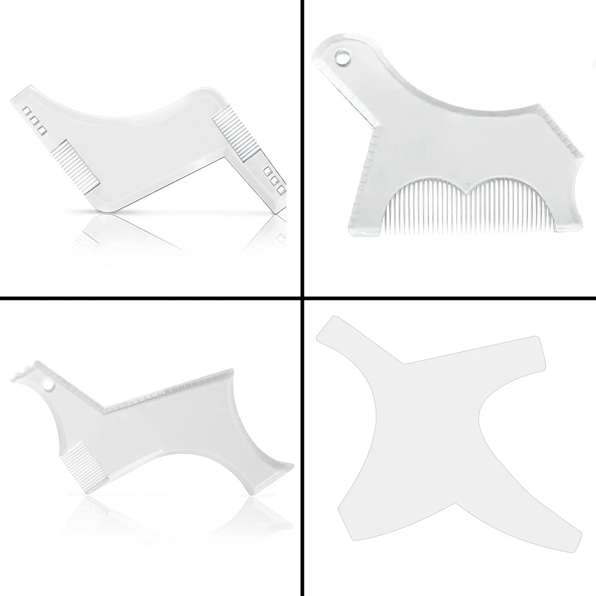 A set of clear plastic beard shaping and styling tools including various combs and guides for professional grooming.