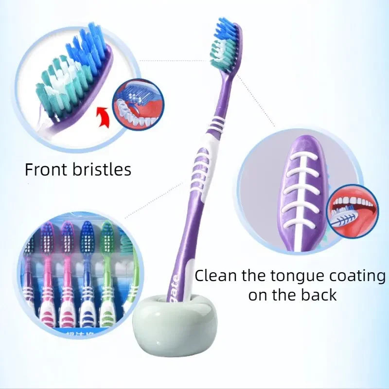 Une brosse à dents violette avec poils avant, montrée à côté de divers types de brosses et d'instructions pour nettoyer la la