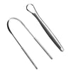 A stainless steel tongue scraper set with a handle and a curved scraping tool.