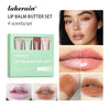 A set of four Lakerain lip balm butter tubes displayed on a green box, with close-ups of the finished product.
