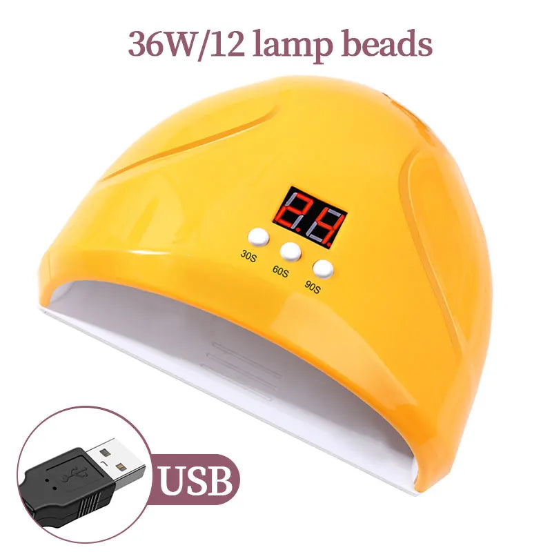 Yellow professional UV/LED nail curing lamp with 12 lamp beads and USB charging port