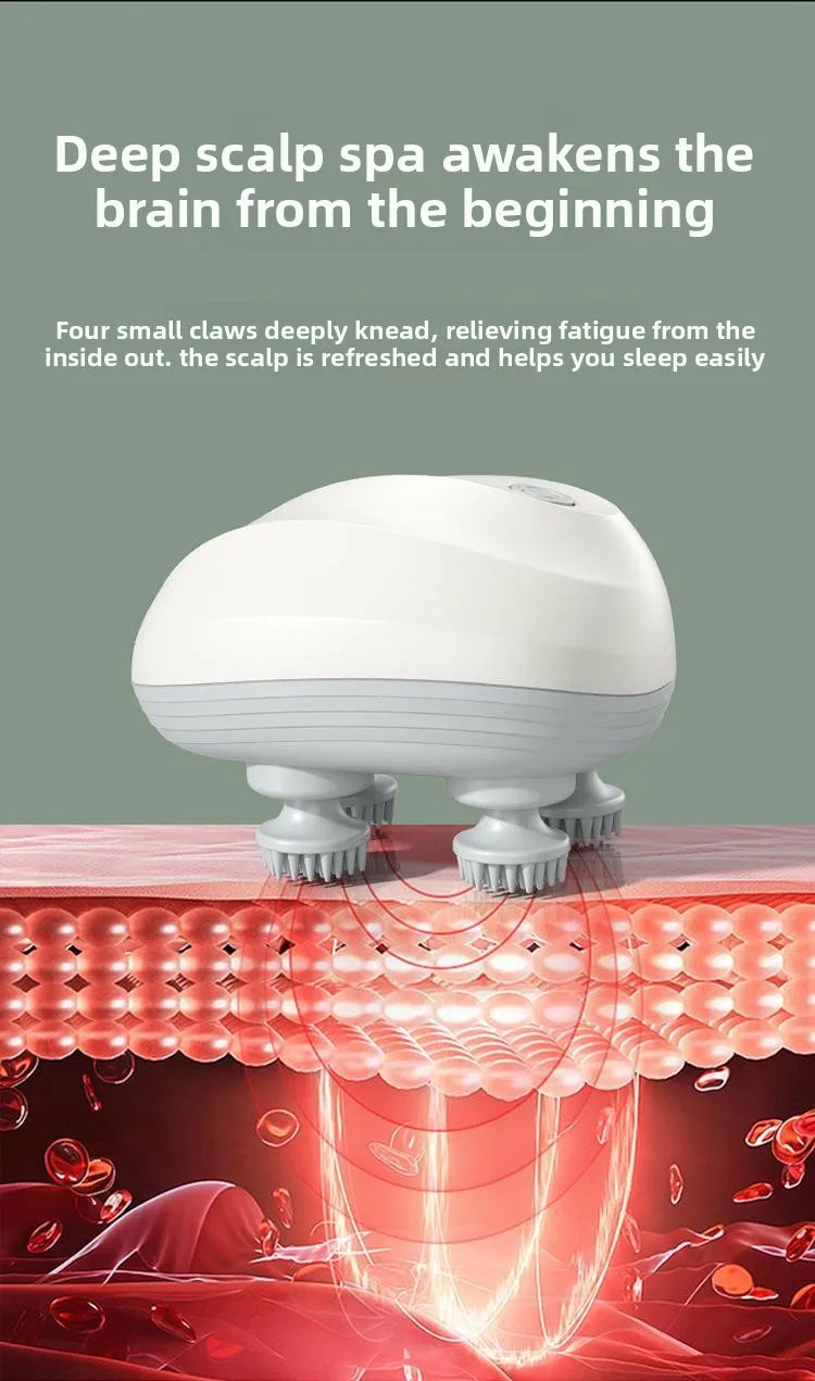 A white electric handheld scalp massager is shown above a magnified view of skin and hair follicles.