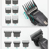 A set of professional electric hair and beard trimmers with various guard lengths shown in detail.