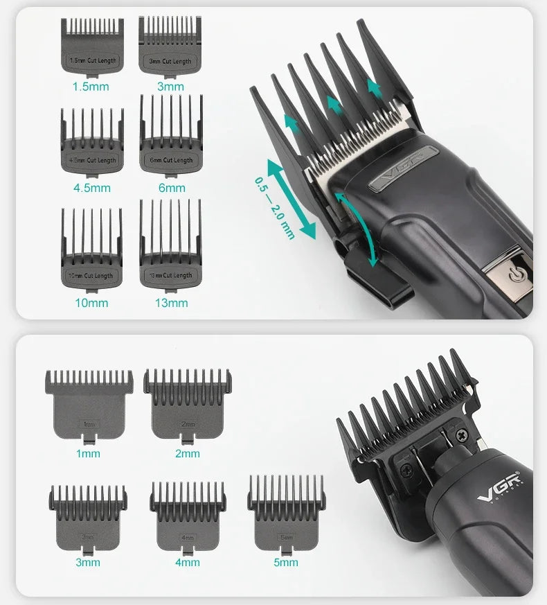 A set of professional electric hair and beard trimmers with various guard lengths shown in detail.