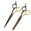 A pair of professional 6-inch stainless steel hairdressing scissors with gold accents and black handles.