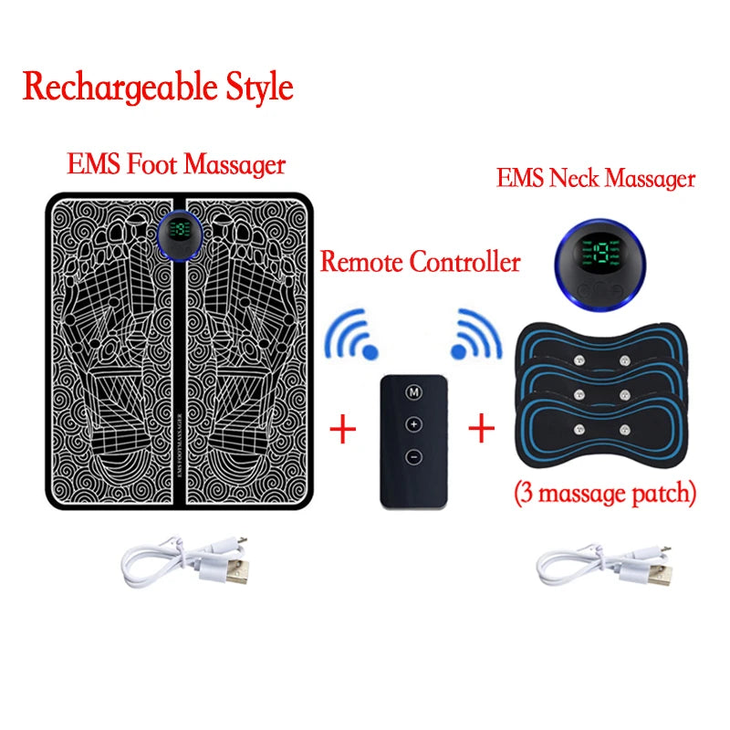 A set of rechargeable EMS foot and neck massagers with a remote controller and massage patches.