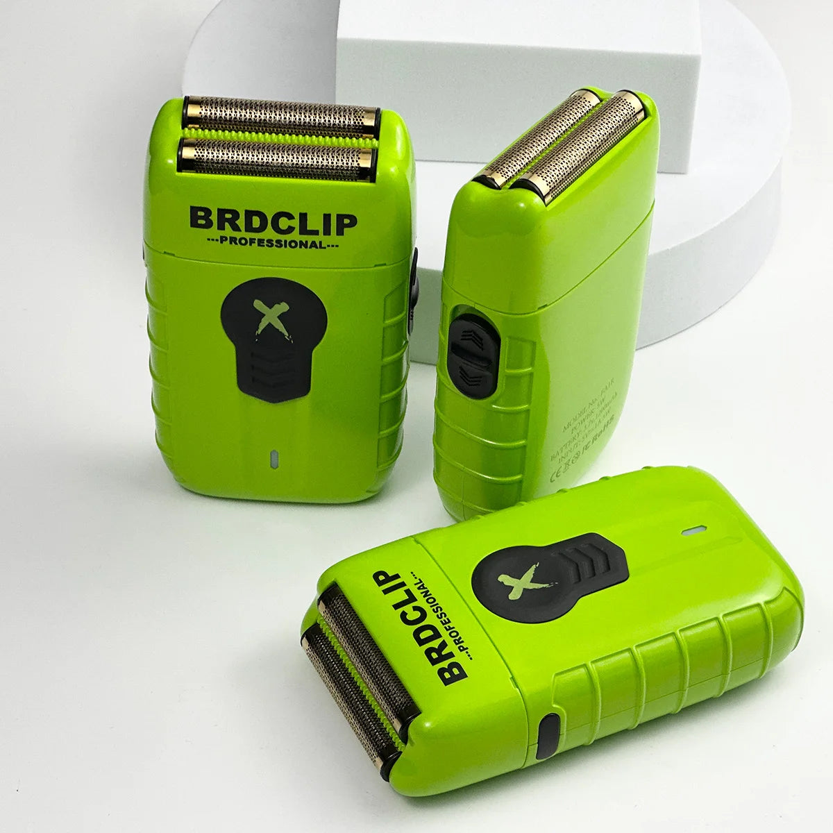 A bright lime green professional double foil electric shaver trimmer shown in various orientations.