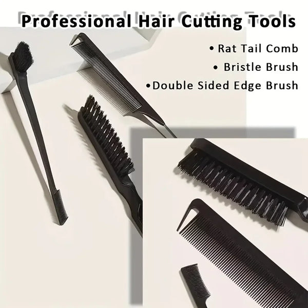 A collection of professional hair cutting tools including a rat tail comb, bristle brush, and double sided edge brush.