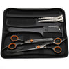 A black case containing professional stainless steel hair cutting scissors and combs.