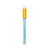A clear bottle with a gold cap and an applicator brush filled with blue cleaning solution for eyelash extensions.