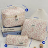 A set of pink floral quilted cotton makeup bags in various sizes L, M, and S displayed next to a white cylindrical object.