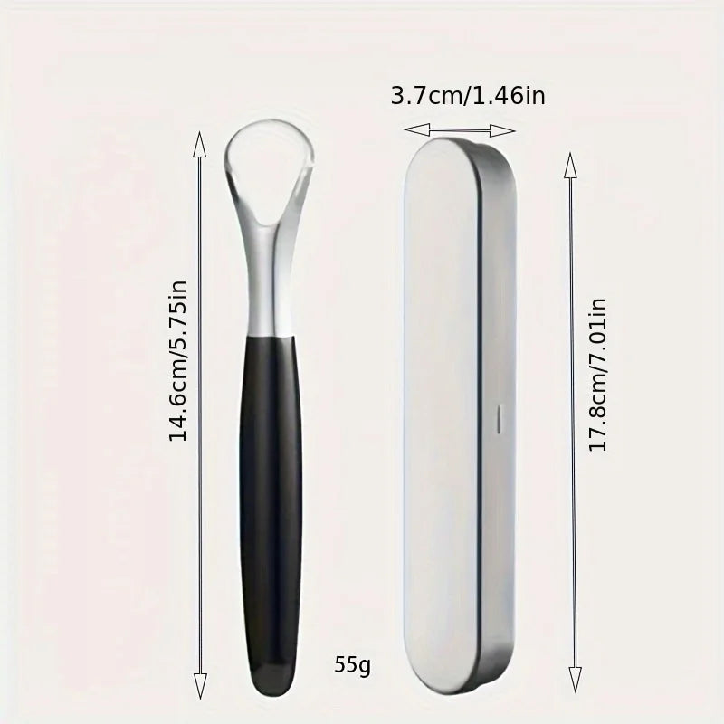 Raspador de lengua de acero inoxidable con dimensiones y peso.