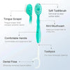 A set of 5-in-1 portable dental tools including a soft toothbrush, tongue scraper, mint mouthwash, handle, and toothpick.