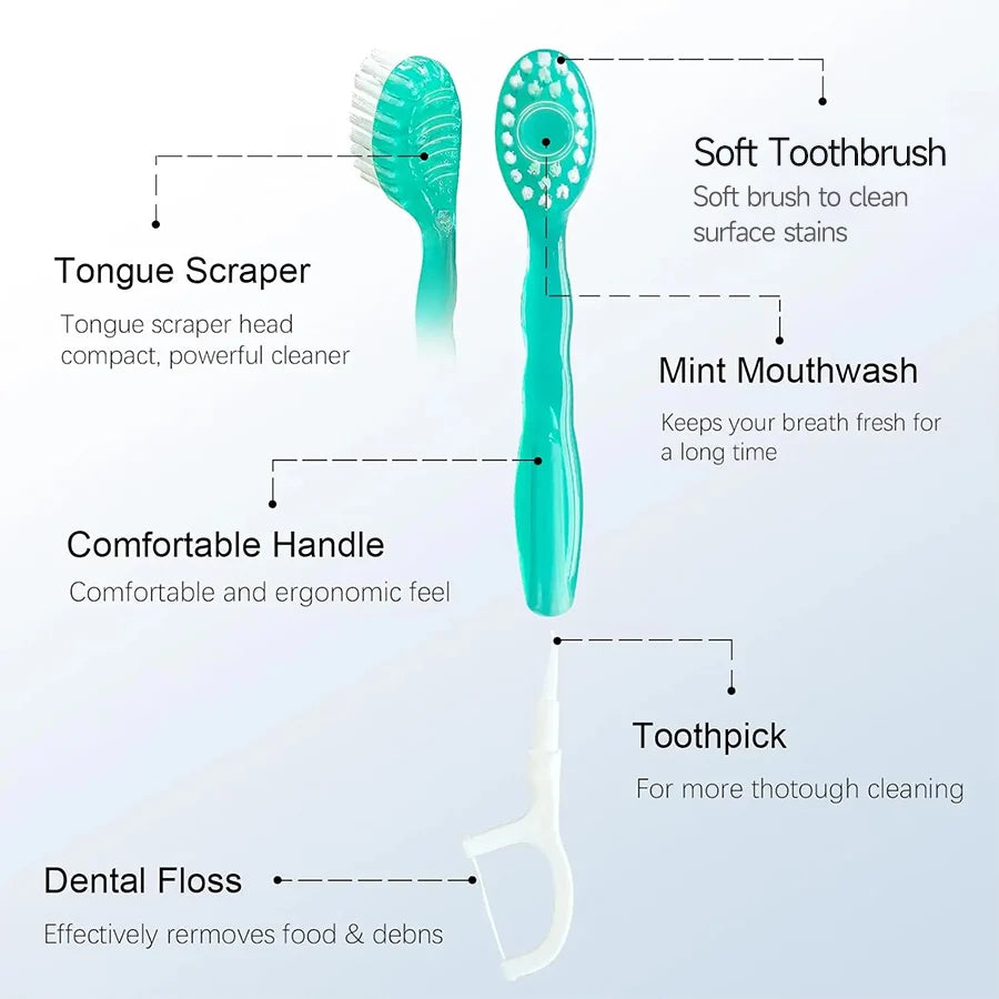 A set of 5-in-1 portable dental tools including a soft toothbrush, tongue scraper, mint mouthwash, handle, and toothpick.