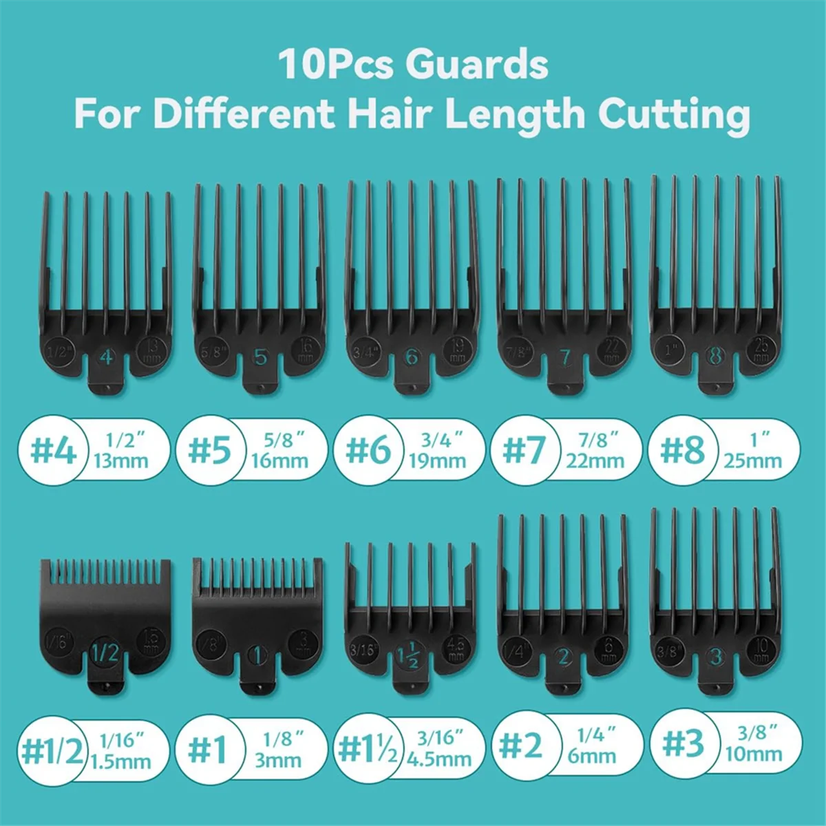 A set of ten replacement clipper guards for different hair lengths, numbered 4 through 8 and 1/2 through 3.