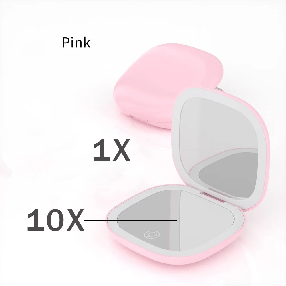 Pink compact LED makeup mirror showing 1X and 10X magnification options.