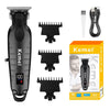 A black professional cordless hair trimmer with various attachments shown next to the product box.