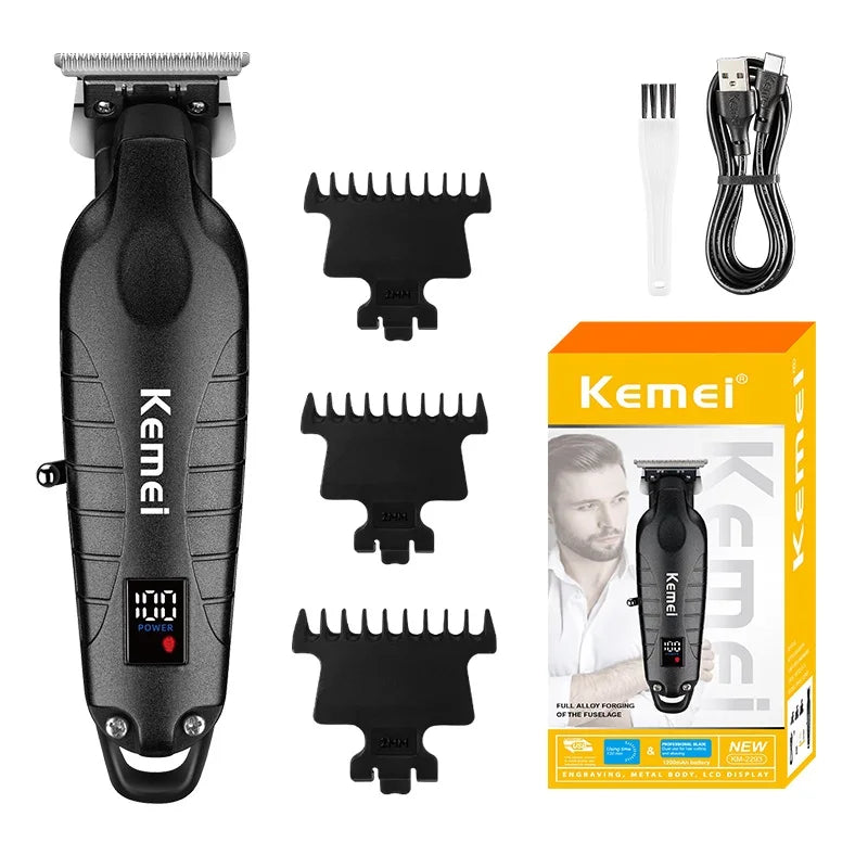 A black professional cordless hair trimmer with various attachments shown next to the product box.