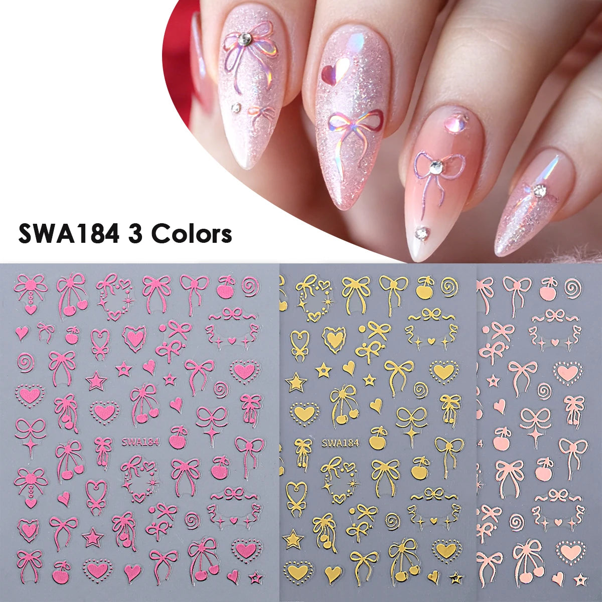 Feuille de 3D de motifs de cœurs d'amour pour ongles, rose et or, pour manucure DIY