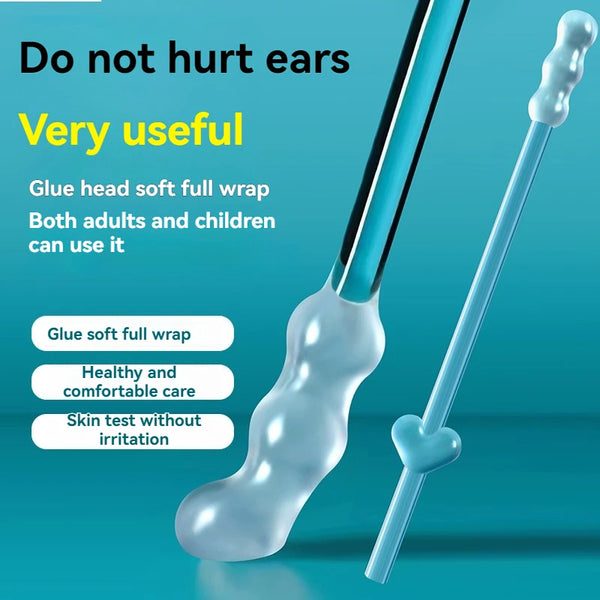 A silicone ear wax remover pick with a soft wrap is shown on a teal background.