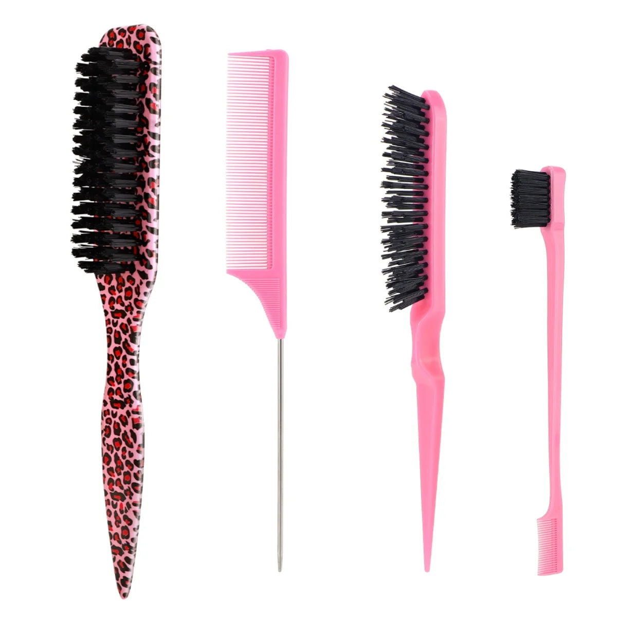 A set of four pink hair styling brushes featuring boar bristles and metal tail combs.