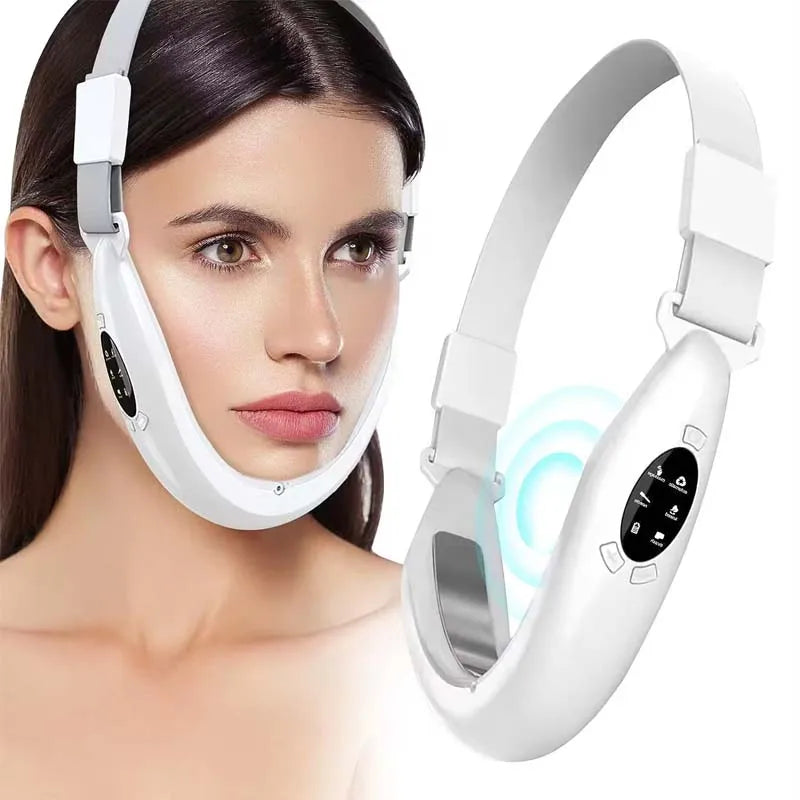 A woman is shown using a white LED facial lifting and slimming massager device.