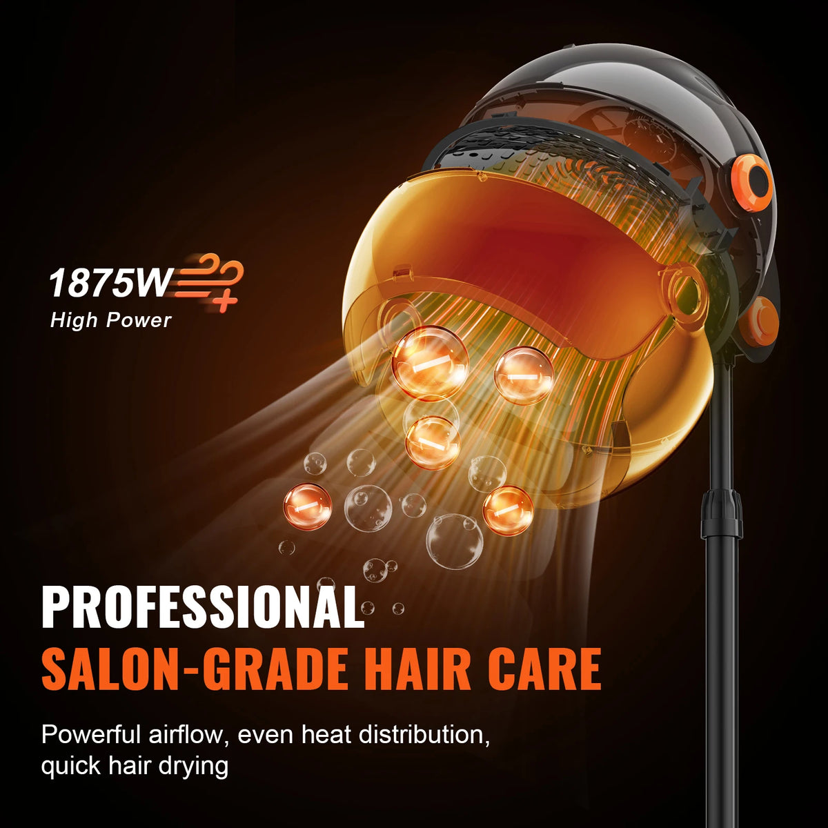 A professional salon-grade hair dryer emitting a powerful stream of hot air and water droplets.