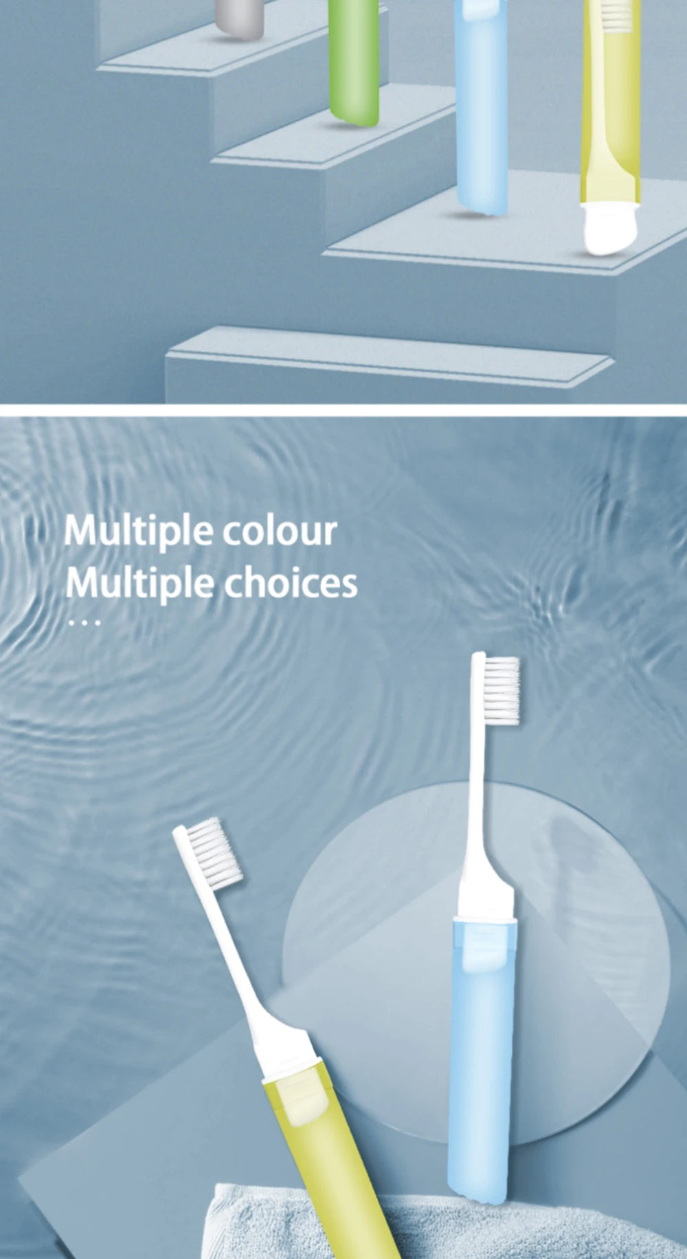 Un set de mini-brosses à dents pliables de différentes couleurs sur un fond bleu clair.