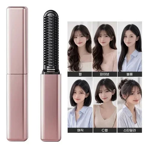 A set of pink portable wireless hair comb and curling iron with various models shown.